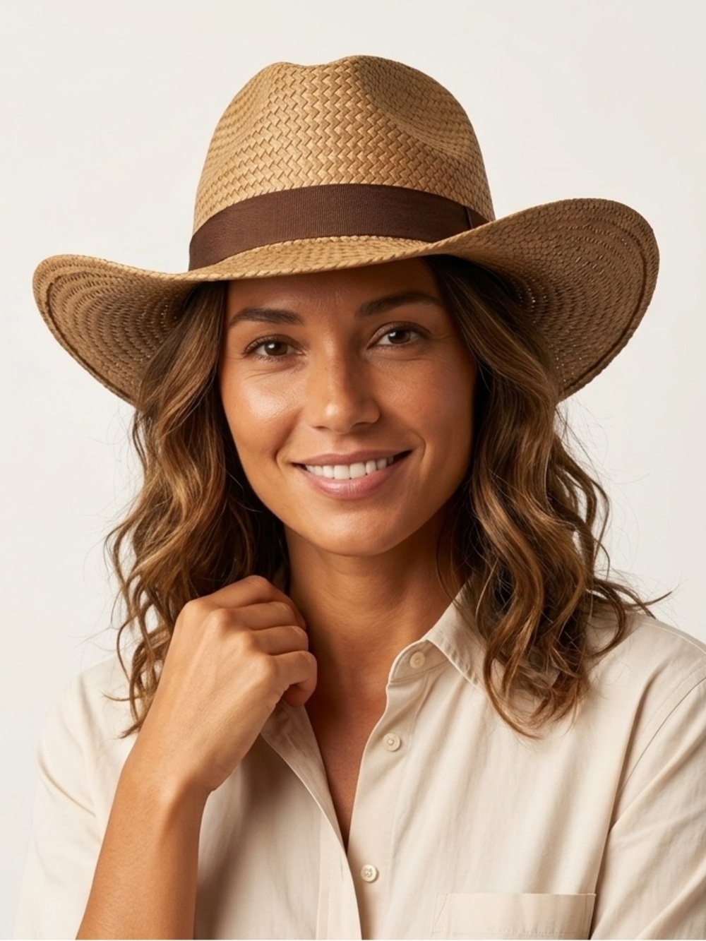 Handmade Women’s Tan Straw Fedora with Brown Band